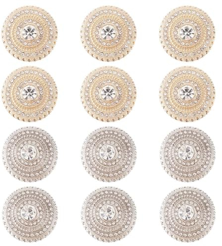 FINGERINSPIRE 12 Stück 2 Stil Strass Knopf 2cm Flach Rund Brautstrauß Legierung Silber Gold Knöpfe Kristall Mit 1-Loch Vintage Gold Für Hochzeitsdekoration DIY Nähen
