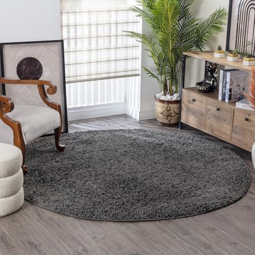 Surya Home Shaggy Berber Teppich - Flauschiger Teppich für Wohnzimmer, Esszimmer, Schlafzimmer, Langflor Hochflor Teppich flauschig - Teppich groß 160 cm Rund, Wohnzimmerteppich in Dunkelgrau