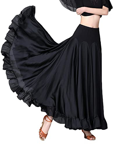 Damen Moderner Tanz Rock Walzer Tango Latein Tanz Ballsaal Kostüm Maxi Rock Flamenco Tanzrock Lange Rock Große Schaukel Rock Bauchtanz Kostüm,A-Schwarz,S