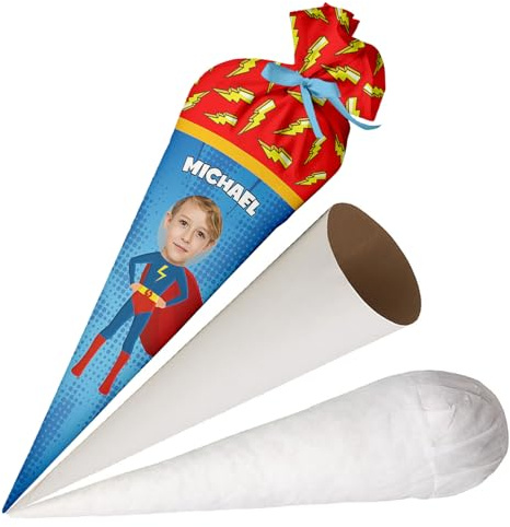 Ferocity Schultüte Super Schüler mit Namen und Foto für Jungen, Personalisierte Foto Tüte, aus Stoff, 70 cm Zuckertüte mit Papprohling und Füllung, große Tüte als Kissen [149]