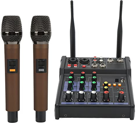 Kleiner 4-Kanal-Stereomixer, Bluetooth-Stereomixer für U-Disk oder MP3-Wiedergabe, mit 2 Kabellosen Handmikrofonen, Ideal für Heim-Karaoke, Hochzeit, Party