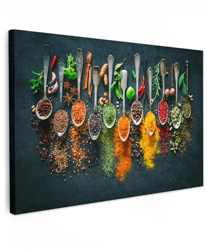 MuchoWow© Bilder Wohnzimmer Deko Modern Wandbild Kunstdruck auf Leinwand | 90x60 cm - Bild Schlafzimmer über Bett Room Decor Geschenke Küche - Kräuter - Gewürze - Löffel