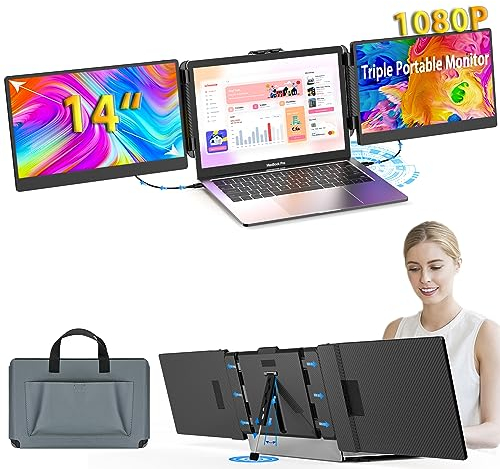 Kwumsy Tragbarer Monitor Für Laptop-14 Zoll FHD 1080p Dual Triple Monitor Screen Extender,Plug & Play Kein Treiber Kompatibel Windows/Mac/Chrome für 13''-17,3''Maximale Breite 405mm Laptop/Typ-C/HDMI