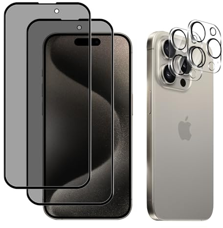 ZoRoll Privacy Vetro Temperato Compatibile con iPhone 15 Pro Max + 3D Fotocamera Protezione Pellicola, [2 + 2 Pezzi] [9H Durezza] Anti-Spia Pellicola Protettiva Compatibile con iPhone 15 Pro Max