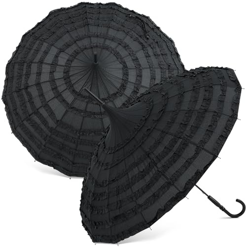 Abbylike 2 Pcs Black Pagoda Parasol Umbrella 47.2 Inch Halloween Vampires Elegant Lace Victorian Sunproof Parasol for Sun Rain Protection Wedding Cosplay Party Photoshoot Decor Gothic Enthusiasts