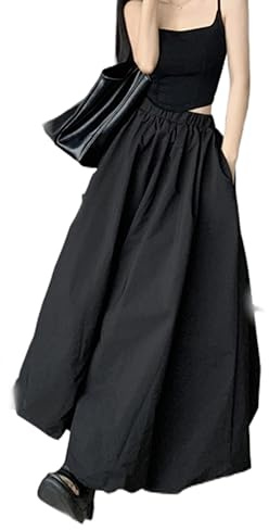 ARESU Jupe Maxi Ballon pour Femmes Mode coréenne Rue Noir Taille élastique A-Ligne rétro Jupe Longue Ample pour Femmes décontracté-Noir-L