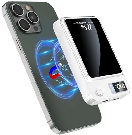 Wireless Portable Charger, Mini Magnetic 10000mAh Power Bank 15W Fast Wireless Charging 22.5W USB PD QC3.0 Type-C LED Display Battery Pack Compatible for iPhone 14/15/13/12 Series (White)
