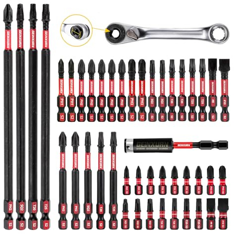 GEINXURN Impact Tough Magnetic Mixed 46Pack Insert Driver Bits, S2 Alloy Steel Screwdriver Power Bits Set with 1Pcs Impact Magnetic Bit Holder and Mini Wrench