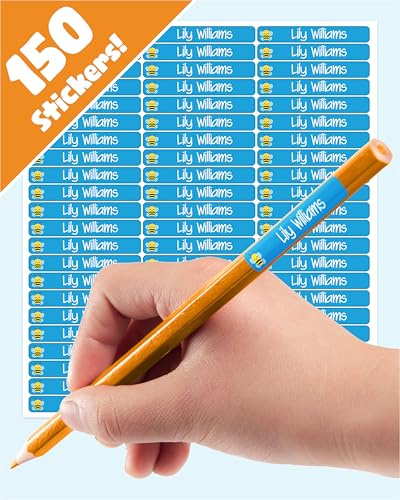 Personalisierte Namensaufkleber für Kinder - Schule (150 Stk, Blau) | Spülmaschinenfest, Aufkleber für Stifte & Schulsachen, Klebeetiketten zum Beschriften, Selbstklebende Namensetiketten