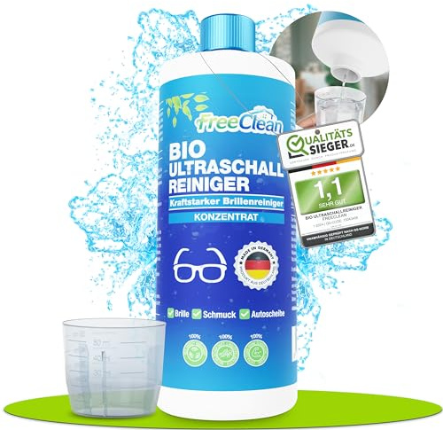 FreeClean® Bio Ultraschallreiniger Konzentrat 1000ml inkl. 50ml Kappe [Extra Stark] - Reinigungsflüssigkeit für Ultraschallgeräte, Brille, Zahnprothese, Zahnschiene, Schmuck & Werkstatt