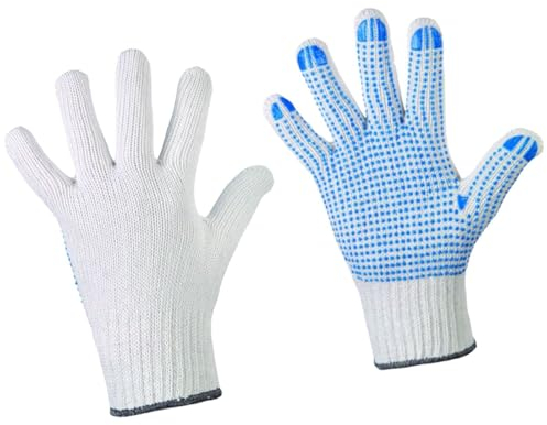 D2D | 120 Paar - Weiße Strickhandschuhe mit Blauen PU-Noppen - Größe: 9 (L) - aus Baumwolle Norm EN 388 - Umzugshandschuhe - Monatgehandschuhe - Rutschfeste Handschuhe