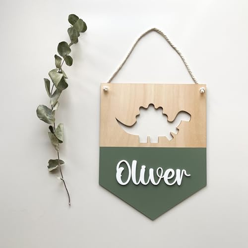 Generisch Dinosaurier-Kinderzimmer-Dekoration, Dinosaurier-Namensschild, 18 cm x 18 cm, Wandmontage, Holz, Kindlich, Dekoration