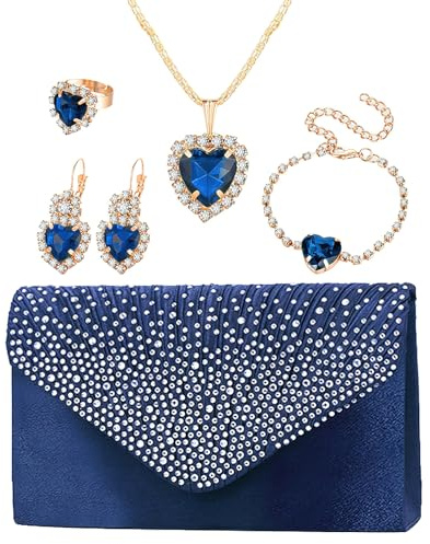 Jamron Damen 5 Stücke Herz Schmuck und Clutch Set für Hochzeit Prom Abend Party