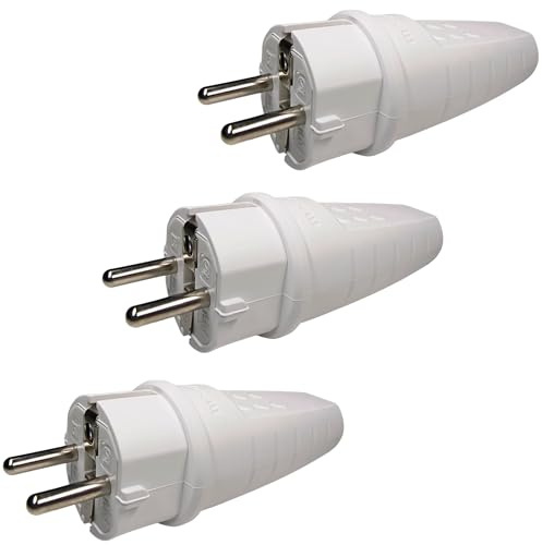 Schuko Stecker 230V 16A IP44 Weiß, 3 Stück | Wasserdicht, Stromstecker Ersatzteil, Schukostecker Gummi, 220V Stecker Reparatur, Verlängerungskabel Außenbereich