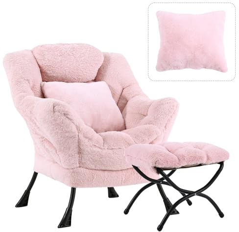 HomEastlly Lazy Chair with Ottoman, Large Pink Accent Chair with Ottoman and FA Throw Pillow, Comfy Plush Reading Chair for Living Room Bedroom Dorm Room Office Apartment Relaxing Use