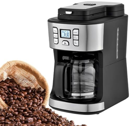 Cafetera De Goteo, Molinillo De Café 2 En 1, Cafetera De Goteo Automática Doméstica con Cafetera De 1,8 L, Multifunción Puede Moler Granos De Café, Hacer Té, Hervir Agua, 1086w Negro