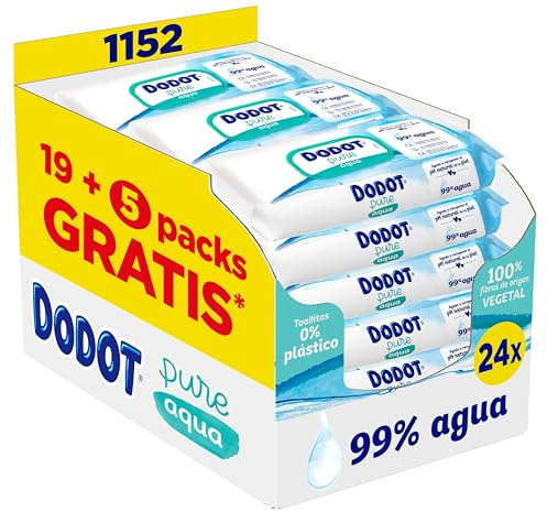 Dodot Toallitas Pure Aqua Para Bebé,1152 Toallitas (24 Packs de 48 Unidades),Ayuda A Restaurar El PH Natural De La Piel, 99% Agua, Sin plástico (El empaque puede variar)