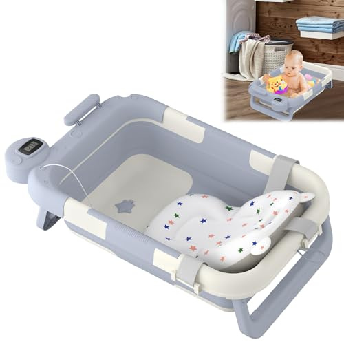 Froadp Faltbare Babybadewanne mit Thermometer und Stützkissen Rutschfeste Babywanne Tragbare Reisebadewanne Baby Bathtub für Neugeborene bis 12 Monate (Hellblau und Weiß)