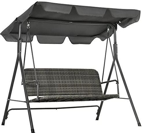 Outsunny Dondolo da Giardino 3 Posti con Tettuccio Parasole Regolabile, Dondolo da Esterno con Seduta Traspirante in Rattan PE e Acciaio, Portata fino a 240 kg, 167x112x153 cm, Grigio Scuro