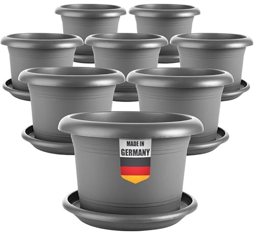 SUSTANIA Set di 6 vasi da fiori grandi con sottovaso, diametro 40 cm, antracite, per esterni, grandi esterni, resistenti alle intemperie, made in Germany