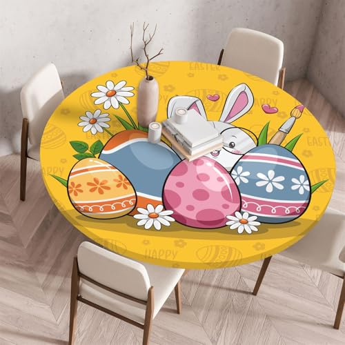 Highdi Ostern Elastische Tischdecke Rund Abwaschbar, Spanntischdecke Rund Gartentischdecke Outdoor Round Tischdecke mit Gummizug für Feiertage Versammlung (80cm,Weißer Hase)