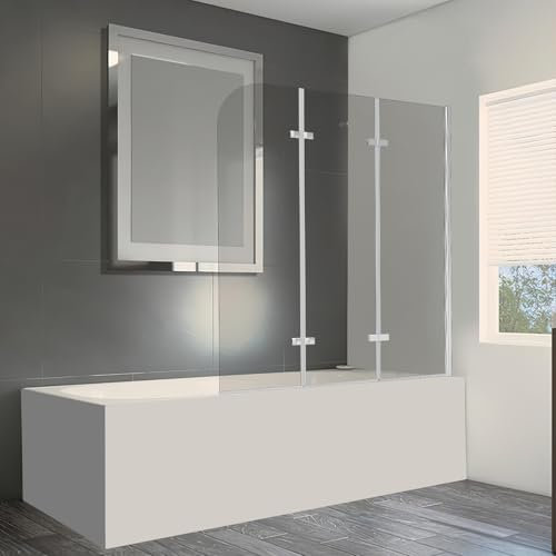 Eikuavons Pannello doccia pieghevole per vasca da bagno, 120 x 140 cm, 3 pezzi in vetro di sicurezza da 6 mm (ESG), accessorio per vasca da bagno, argento trasparente