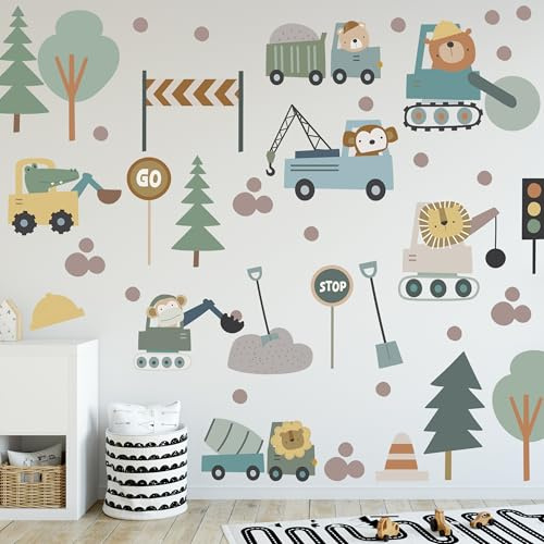 GRAZDesign Kinder Wandtattoo Baustelle Design - Niedliche Tiermotive mit Fahrzeugen - Wanddekoration für Jungenzimmer - Selbstklebend und ablösbar