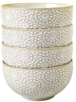 Feenmai Soup Bowls 26 Oz - 6 inch Ceramic Cereal Bowls Set of 4, Kitchen Serving Dish, Embossed Bowl for Salad, Pho, Breakfast, Ramen, Rice, Dishwasher & Microwave Safe, Decorative Housewarming Gift