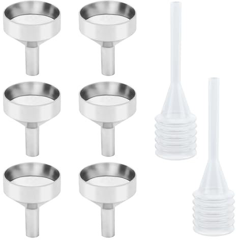 Bekecidi 6 Mini Embudos de Cadera, Pequeños Embudos Metálicos Dorados con 2 Goteros de Plástico de 3ml, Embudo Pequeño para Transferir Líquidos, Polvos, Café, Té y Mermeladas (Plateado)
