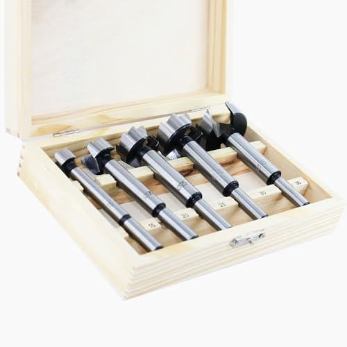 GLRYD Juego de 5 brocas Forstner para madera, diámetro 15/20/25/30/35 mm, de alto rendimiento HRC50, extremadamente afiladas y duraderas, diseño ondulado, centrado preciso, con caja de madera, para