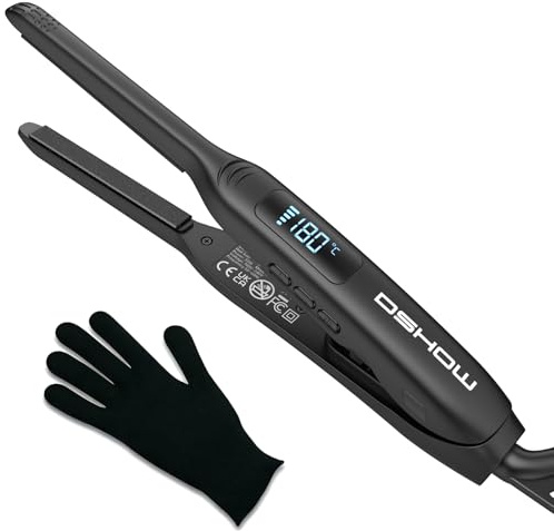 DSHOW Pencil Straightener for Short Hair, Mini Hair Straighteners for Pixie Cuts and Bangs, 2-in-1 Styling with Adjustable Temperature, Dual Voltage, Fast Heat Up