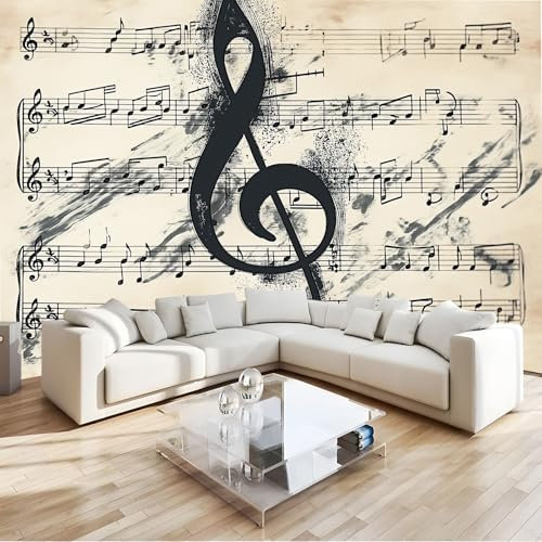 350 x 256 cm Papel pintado mural Beige Arte Papel tapiz Fotomural Pentagrama De Notas Musicales Retro, Moderna Decoración Tejido no Tejido Decoración De Pared Sala Cuarto