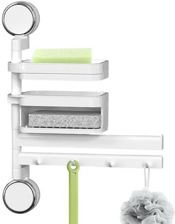 Toallero de pared para baño, fijación con ventosa con función giratoria de 180°, jaboneras y ganchos para organización del pasillo