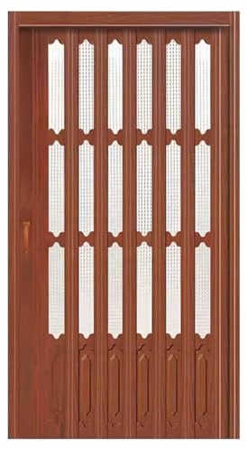 Akkordeon-Falttür mit Fenster und Griff, PVC-Ziehharmonika-Schiebetür, dekorativer Sichtschutz für Kücheneingang, 150 x 203 cm, einfache Installation, platzsparendes Design, Braun