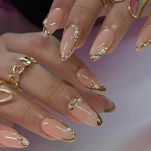 Ceboic 24 Stück Nägel Zum Aufkleben Mandel, French Tip Press on Nails Mittel, Nude Pink Kunstnägel Künstliche Nägel mit Perle & Diamant, Natürlich Acryl Fingernägel zum Aufkleben für Frauen Mädchen