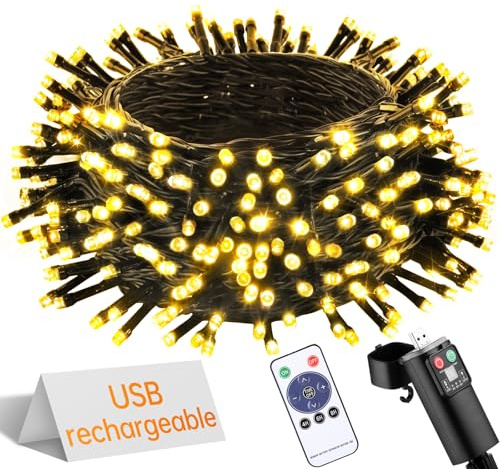 UIONVO Christmas Battery Fairy Lights - USB Rechargeable 15m 150 LED Warm White String Light Remote Waterproof Outdoor Garden Indoor Xmas Tree Lighting Wedding Party Decorations
