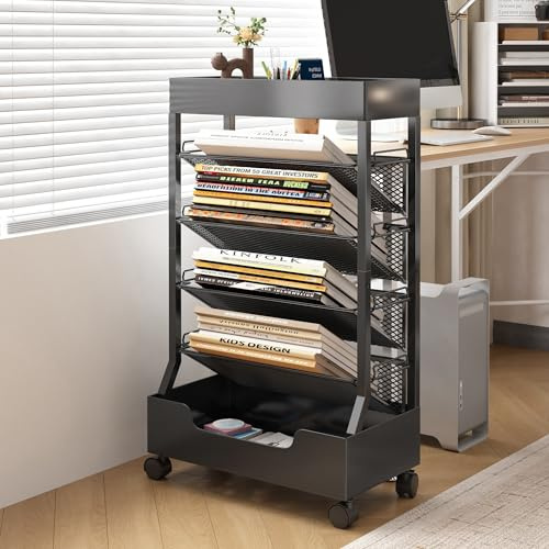 Ornestia Kleines Bücherregal mit Rollen, Schmal Bücherwagen aus Metall | Mobiles Zeitschriftenständer, Schreibtisch-Organizer, Büroregal Großes Fassungsvermögen Schwarz