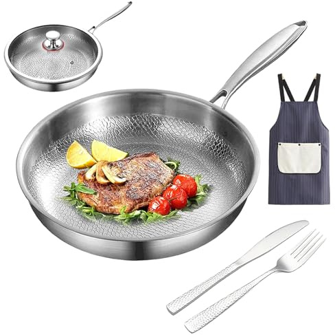 Gienslru Titanium Hammered Pan Pro, padella in 100% puro titanio con coperchio e stoviglie martellate, antiaderente e resistente ai graffi, per cucinare, friggere e cuocere (28 cm)