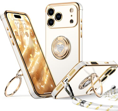 XYZ für iPhone 17 Pro Max Hülle mit Band, Weiß | Herzen Doppelring Ständer HandyHülle, Frauen Mädchen Dünn Stoßfeste Case mit Handykette, Anti Kratzt SchutzHülle