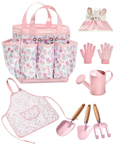Seedypop Handmade Kids Gardening Tools Set - 8Pc Artisan Garden Kit with Real Wood Handles, Metal Heads, Bunny Hat, Apron & Tote - Educational Nature Gift for Toddlers & Girls (Pink Floral)