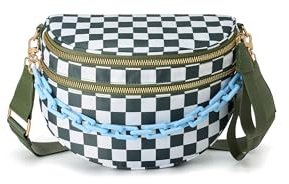 FEIBOON Spacious Checkered Nylon Crossbody Bag Bum Bag Checkered Handbags Wallets with Personalized Chain for Women (Chain - Pea Green Checkered)