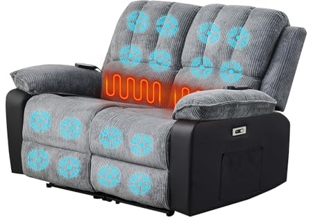 LSLIFE Luxus-Multifunktionsmassagestühl mit beheiztem Elektromassagesofa, TV-Stuhl, Wohnsitz, Liegestühle, hochwertiges Leder, ergonomisches Einzelsofa, aufladbar mit USB (Graue Doppelbett)