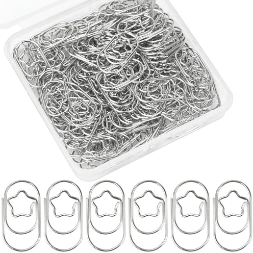 CONJURAIDE 130 Stück Büroklammern Stern, Sternförminge Büroklammern Motiv Büroklammer Oval Klein Stern Büroklammer mit Transparentbox Paperclips für Büro Zuhause Aktenklammer Klassenzimmer (Silber)