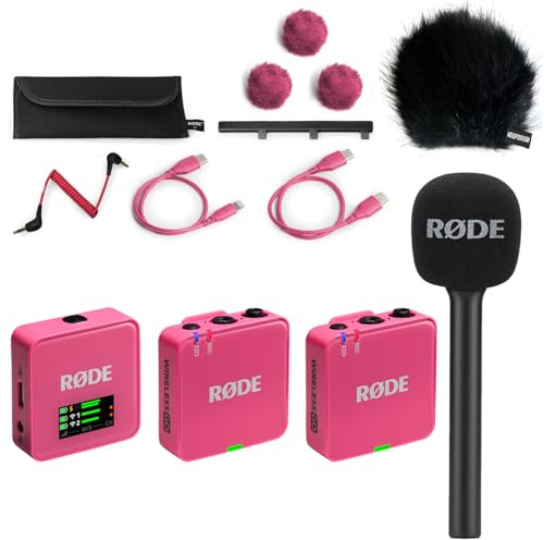Rode Wireless GO Gen 3 - Sistema radio wireless a 2 canali, colore: Rosa con intervista GO adattatore manuale e protezione antivento Keepdrum BK