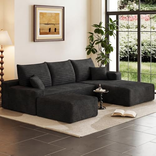 95 Boneless Cloud Couch Sectional Couches Sofa for Living Room | Modular U-Shaped Couch, Comfy Modern Corduroy Memory Foam Sofas with Ottoman, Oversized Chaise (Black, Right-Facing Chaise)