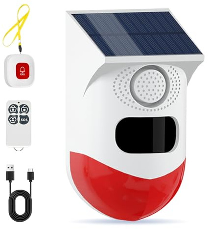 Alarme solaire d'extérieur avec détecteur de mouvement, sirène de sécurité extérieure 120 dB avec lumière clignotante, 3 modes de fonctionnement, étanchéité IP65 pour jardin, cour, ferme, maison (1