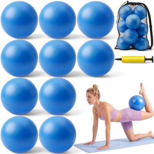 BBTO 10 Stück Pilates Ball 25 cm Gymnastikball Klein Rutschfester Explosionsgeschützt Yoga Ball mit Ballnetz und Aufblasvorrichtung für Fitness Pilates Balance Physiotherapie (Blau)