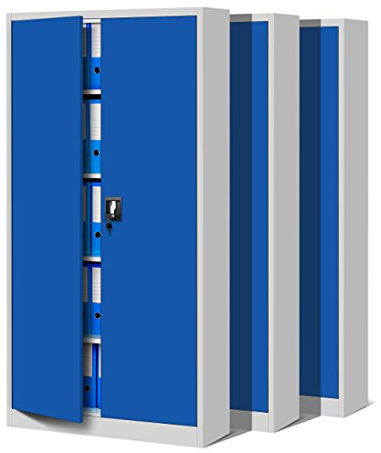 Jan Nowak 3er Set Aktenschrank C001 Metallschrank Stahlschrank Werkzeugschrank Büroschrank Lagerschrank Universalschrank Pulverbeschichtung Flügeltüren 185 cm x 90 cm x 40 cm (Grau/Blau)
