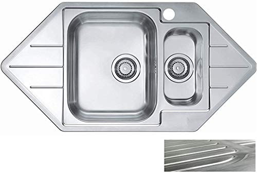 VBChome Eck-Edelstahlspüle 99 x 50 cm Satinstruktur Spülbecken mit Hanhloch Einbauspüle Abtropffläche Rechts Küchenspüle 1,5 Becken Eckspüle Ablaufgarnitur Camping