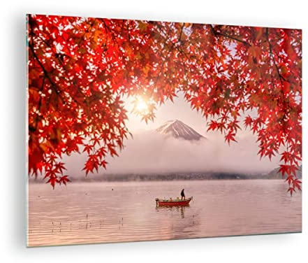 Moderne Impression sur Verre volcan lac Image Tableau en Verre Decoration Murale 70x50cm Deco Cadre Salon Chambre Cuisine Horizontal Petit Tableaux Decoratifs Muraux Art Wall Decor GAA70x50-4107